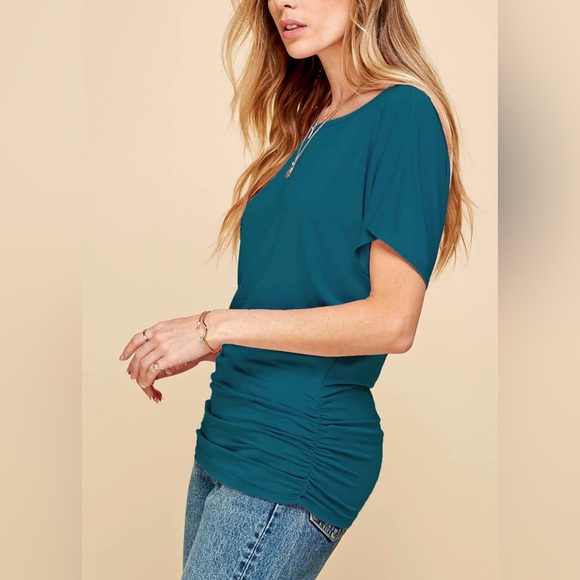 Casual Solid Short Sleeve Boat Neck Dolman Top with Side Shirring -teal - Picture 3 of 5